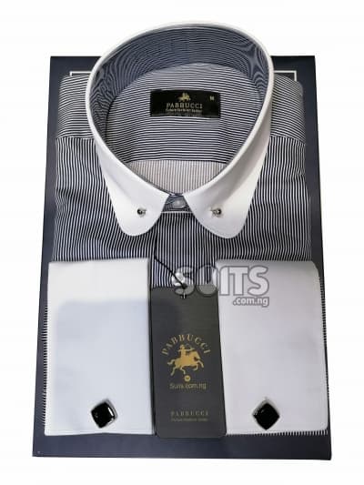 Black white pin stripes shirt, white contrast vintage club collar with brooch by Pabbucci