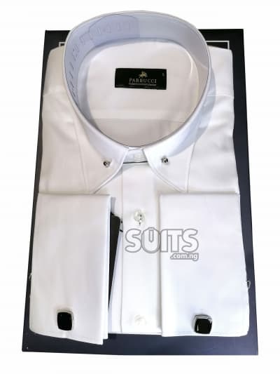 Plain white satin cotton fabric shirt, peak classic collar with brooch by Pabbucci