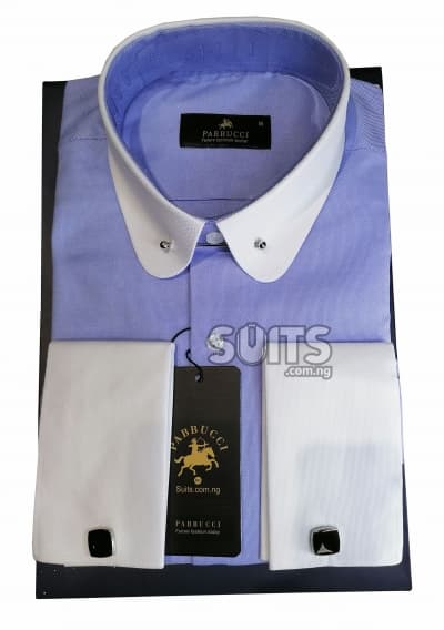 Plain deep sky-blue shirt, white contrast vintage club collar with brooch by Pabbucci