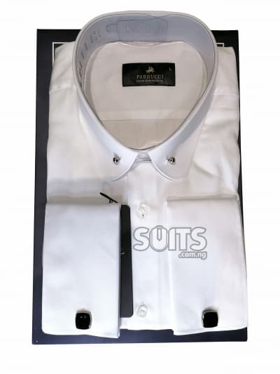 Plain white satin cotton fabric shirt, vintage club collar with brooch by Pabbucci