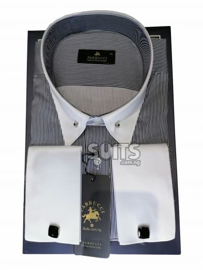 Black white pin stripes shirt, white contrast peak classic collar with brooch by Pabbucci