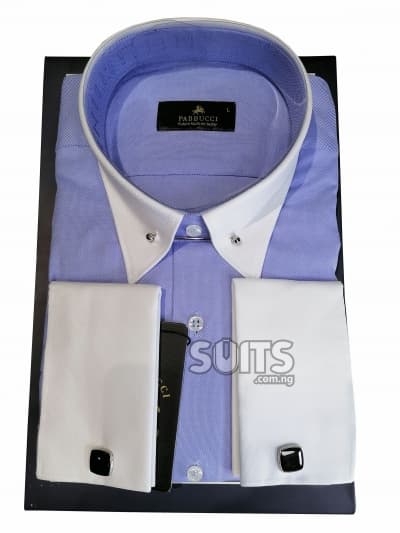 Plain deep sky-blue shirt, white contrast peak classic collar with brooch by Pabbucci
