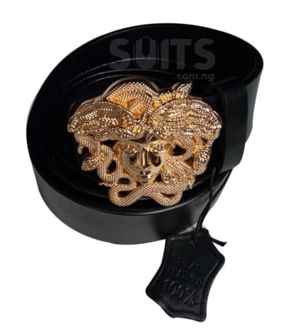 Black Leather Gold Plated Designed Belt By Versace