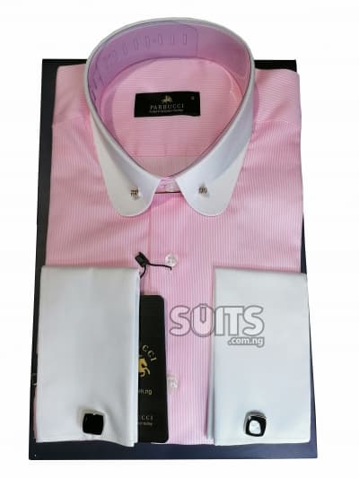 Pink white pin stripes, white contrast vintage club collar with brooch by Pabbucci