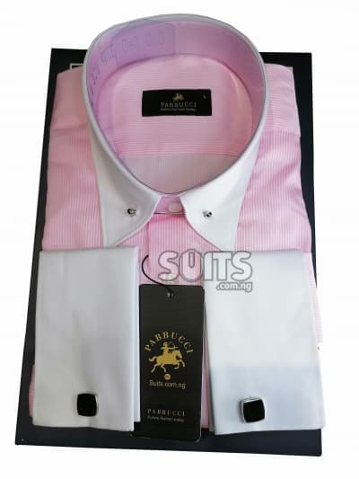 Pink white pin stripes, white contrast peak classic collar with brooch by Pabbucci