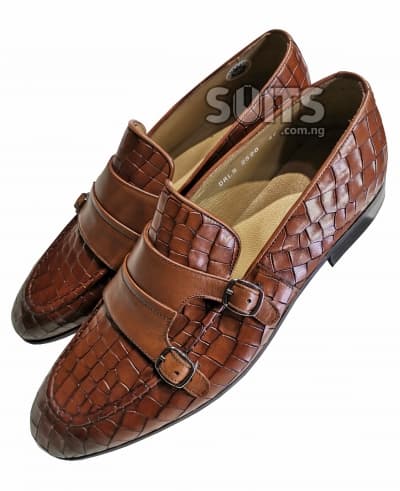 Brown crocodile leather double monk strap loafer by Fosco